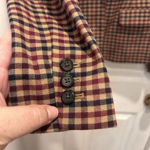 Vintage Merona Tan Red‎ Blue Plaid Check Wool Blend Preppy Academia Blazer 10 - Picture 5 of 9